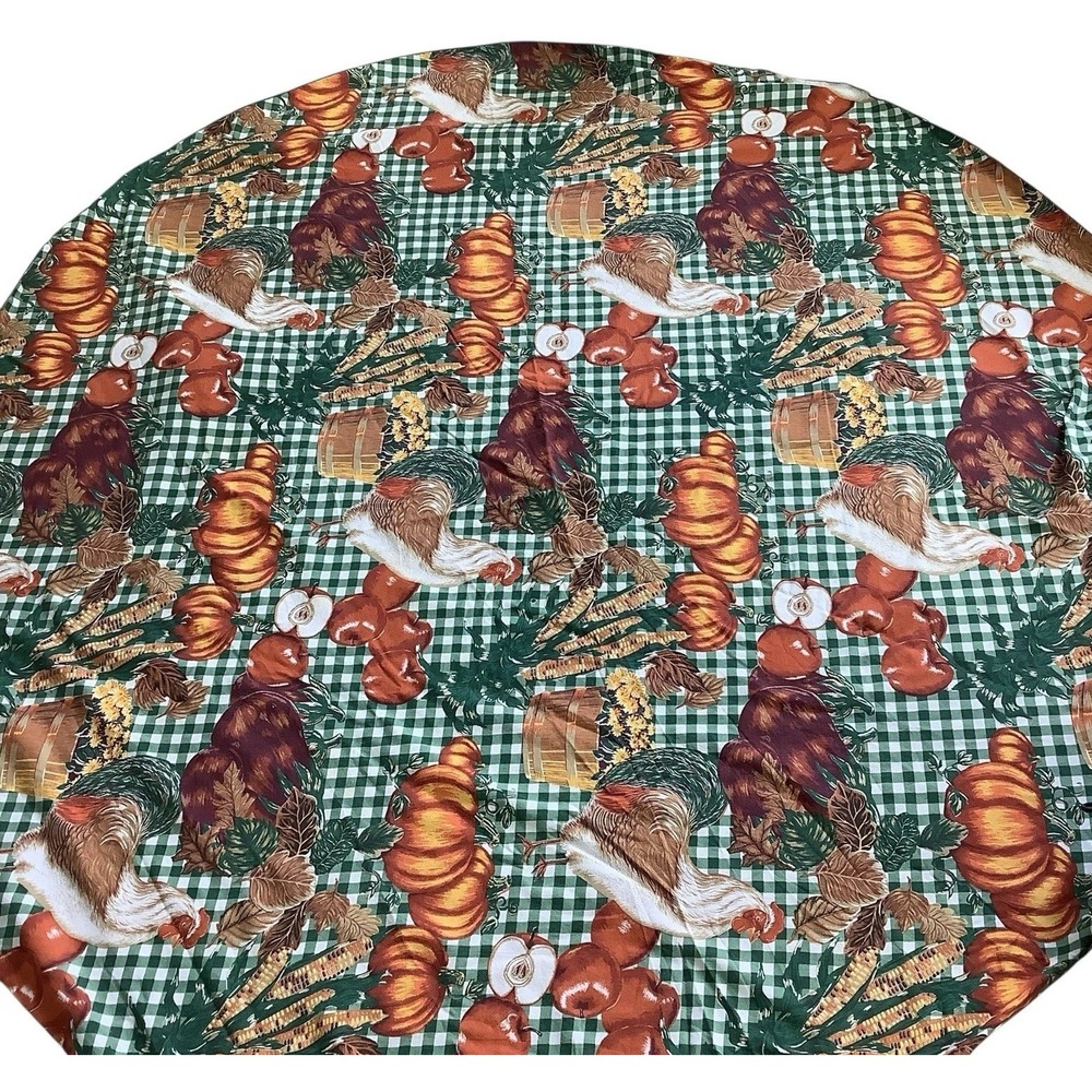 64" Round Fall Tablecloth Harvest Pumpkin Rooster Thanksgiving Green Gingham